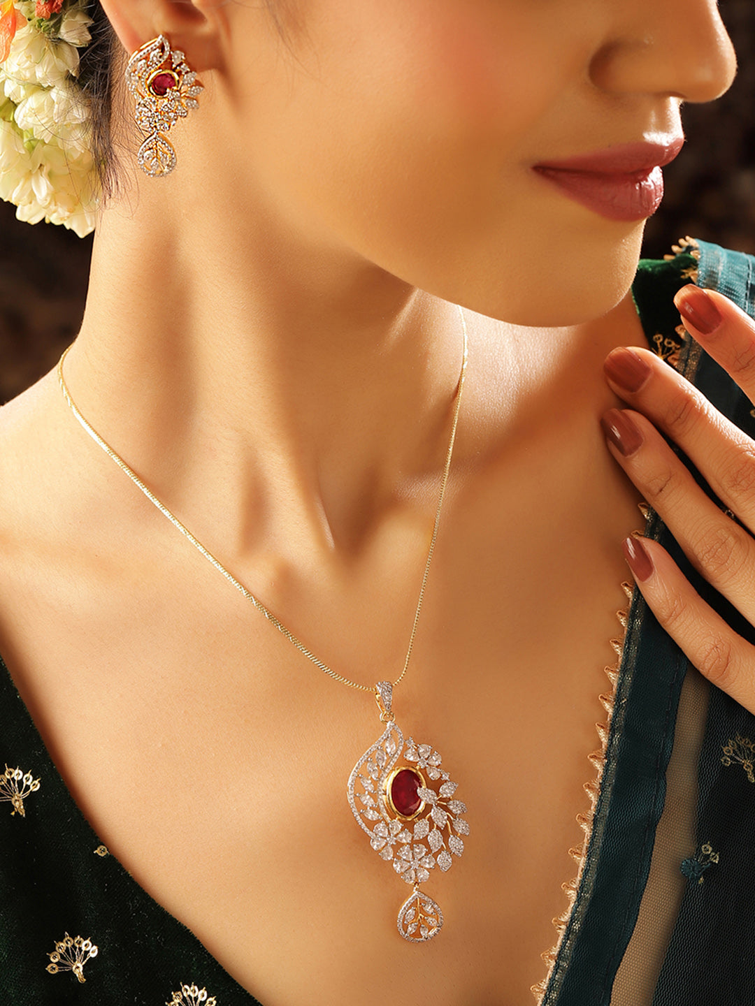 Red Stoned American Diamond Floral Pendant Gold Plated Drop Earrings Jewellery Set