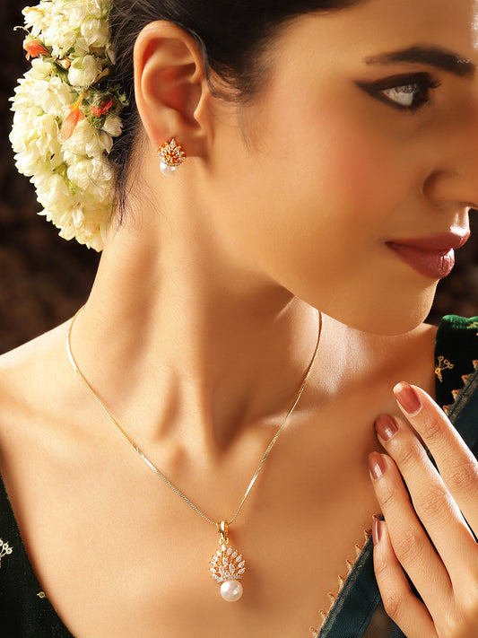 Floral American Diamond Gold Plated Pendant Pearl Drop Earrings Jewellery Set
