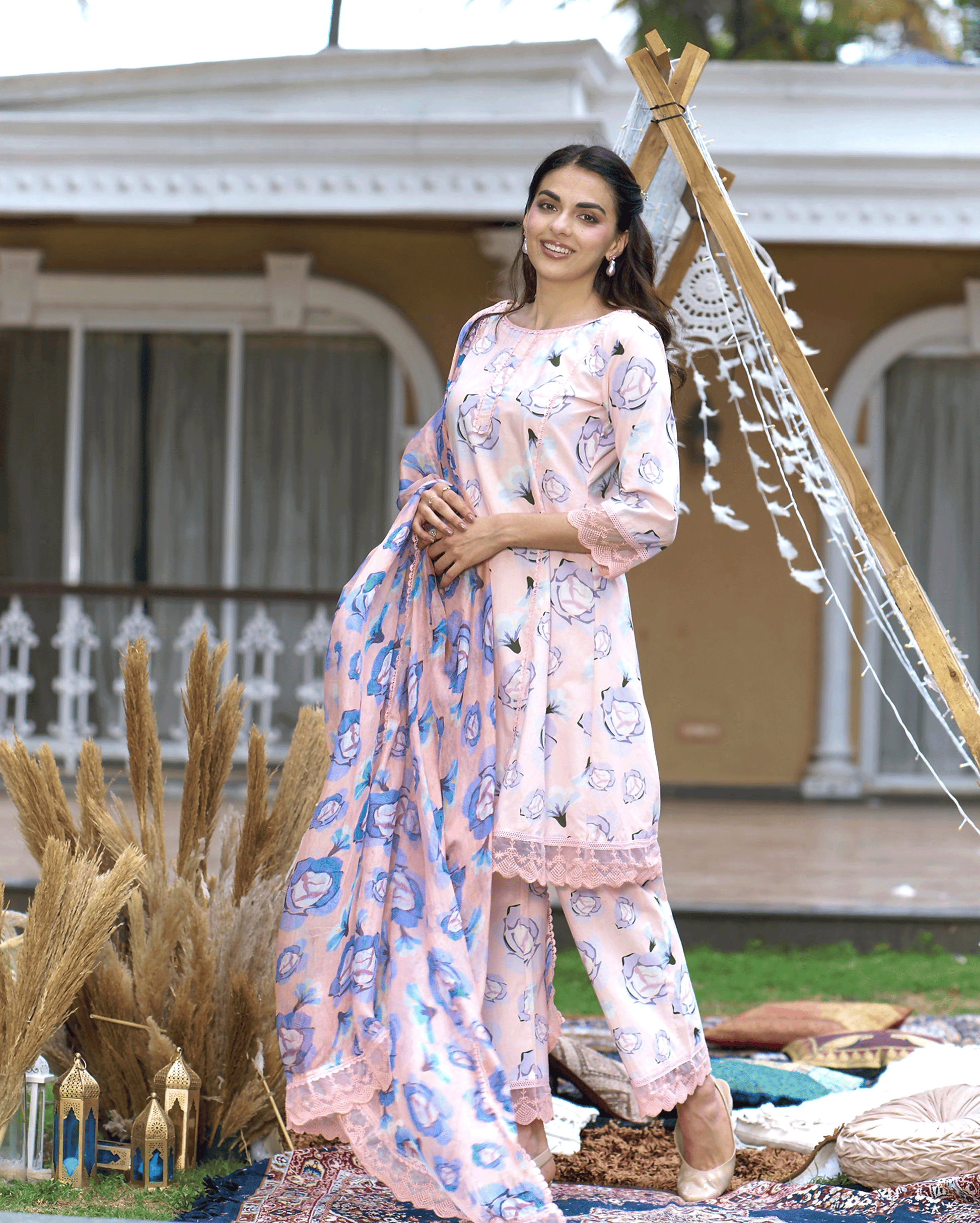 Coneflower Peach Printed Cotton Suit Set