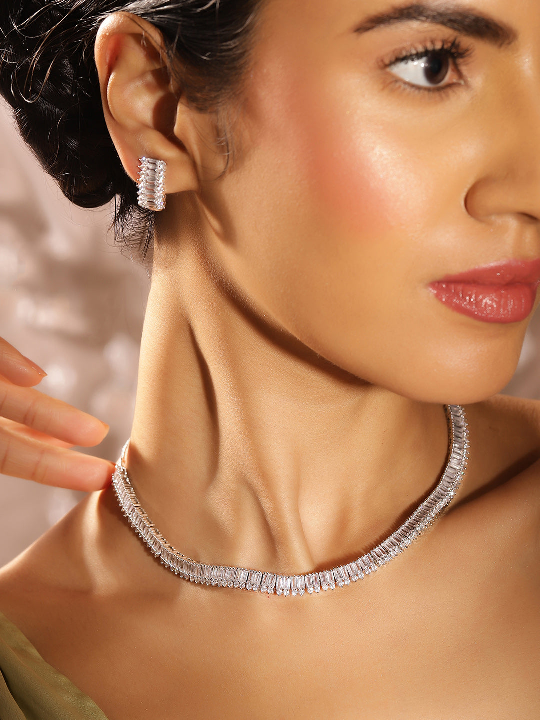 Geometric Style American Diamond Silver Plated Mini Hoops Earrings Jewellery Set