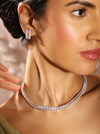 Geometric Style American Diamond Silver Plated Mini Hoops Earrings Jewellery Set