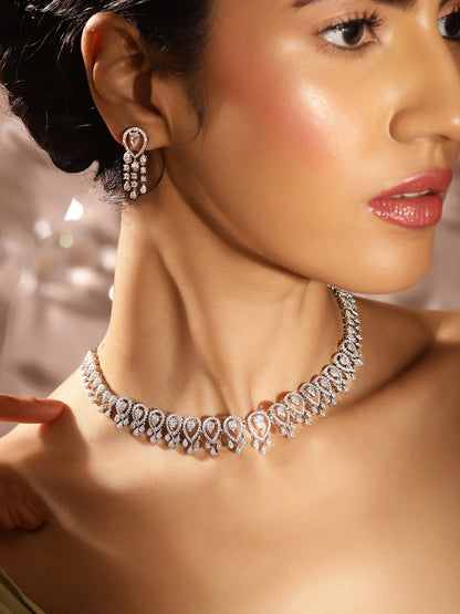Statement Elegance Silver Plated Fancy Necklace and Drop Earrings Jewellery Set