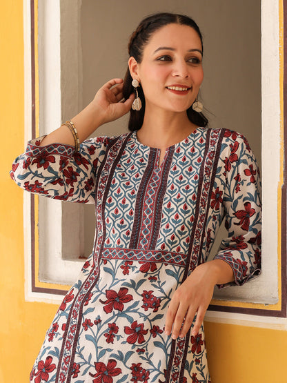 Women Floral Printed Mirror Work Kurta