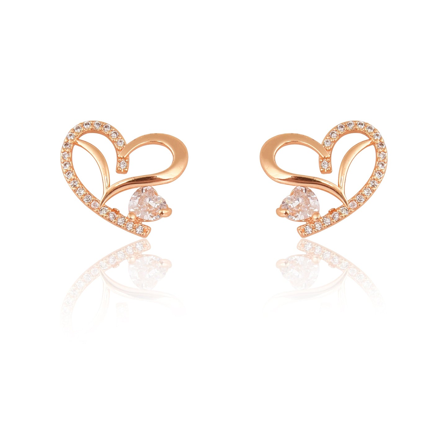 American Diamond Rose Gold Plated Love Shaped Pendant Necklace Set with Chain & Stud Earring for Girls and Women