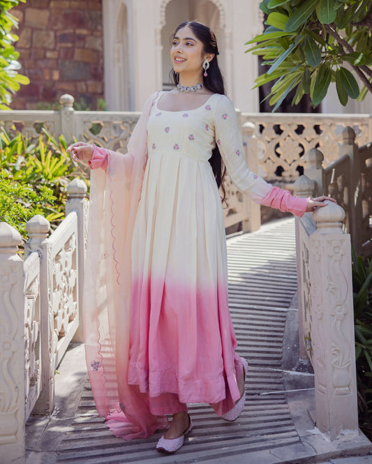 Giggly Rose Pink Ombre Embroidered Muslin Suit Set