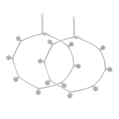 Floral CZ Rhodium Plated 925 Sterling Silver Anklet