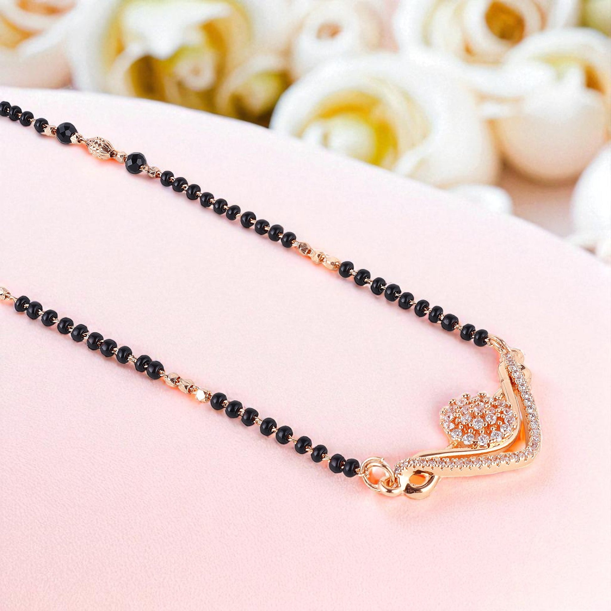 Rose Gold Plated Floral Mangalsutra With  Black Beads For Women