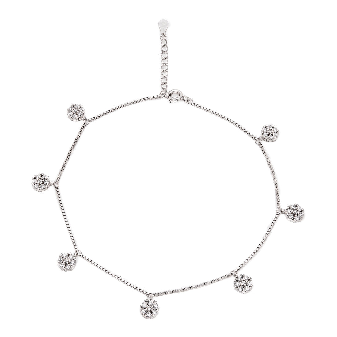 Floral CZ Rhodium Plated 925 Sterling Silver Anklet