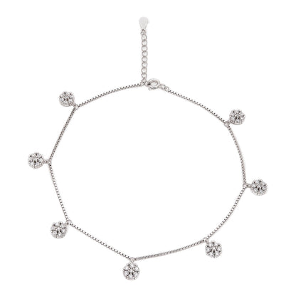 Floral CZ Rhodium Plated 925 Sterling Silver Anklet