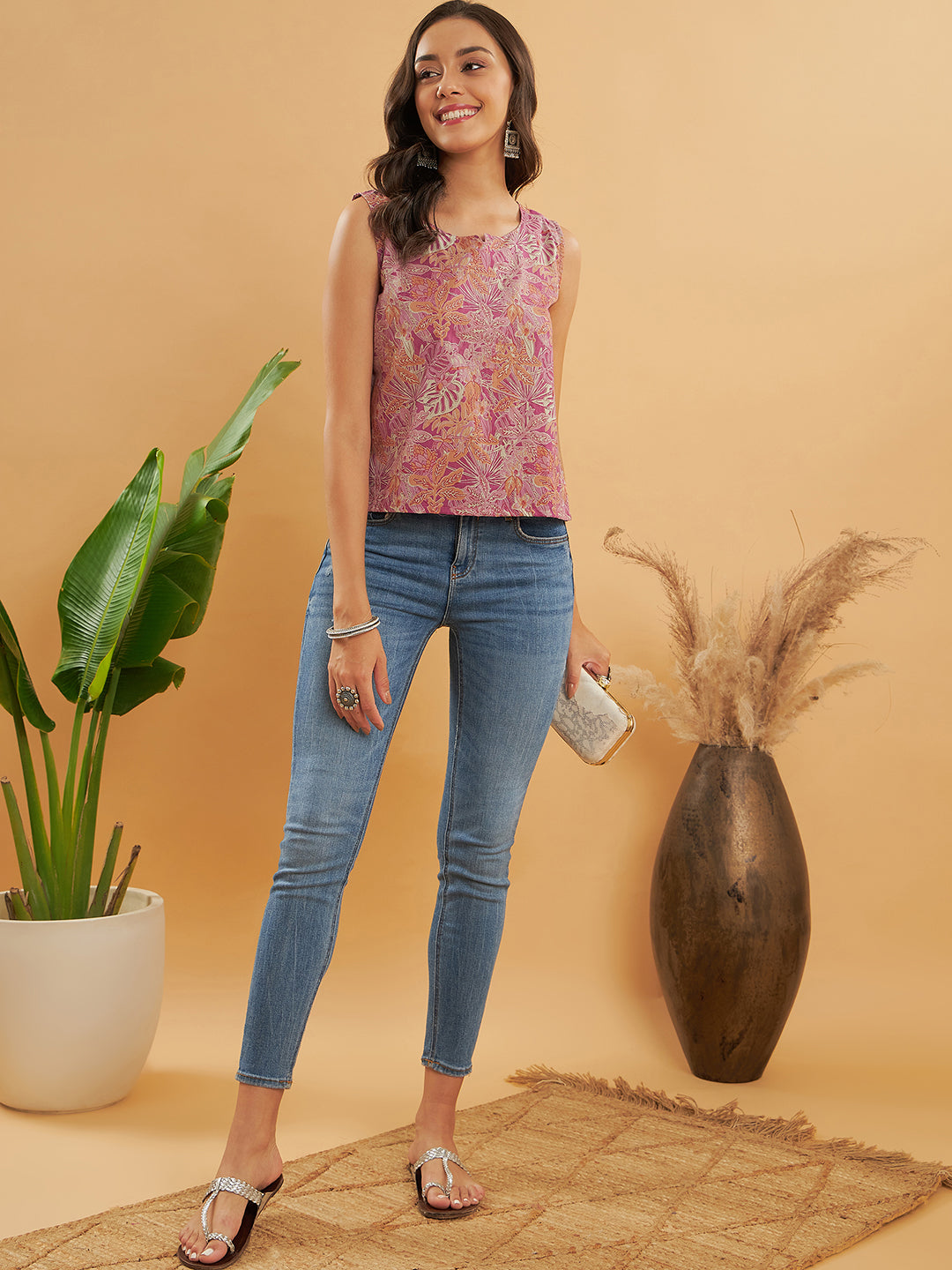 Pink Coral Floral Print Sleeveless Top