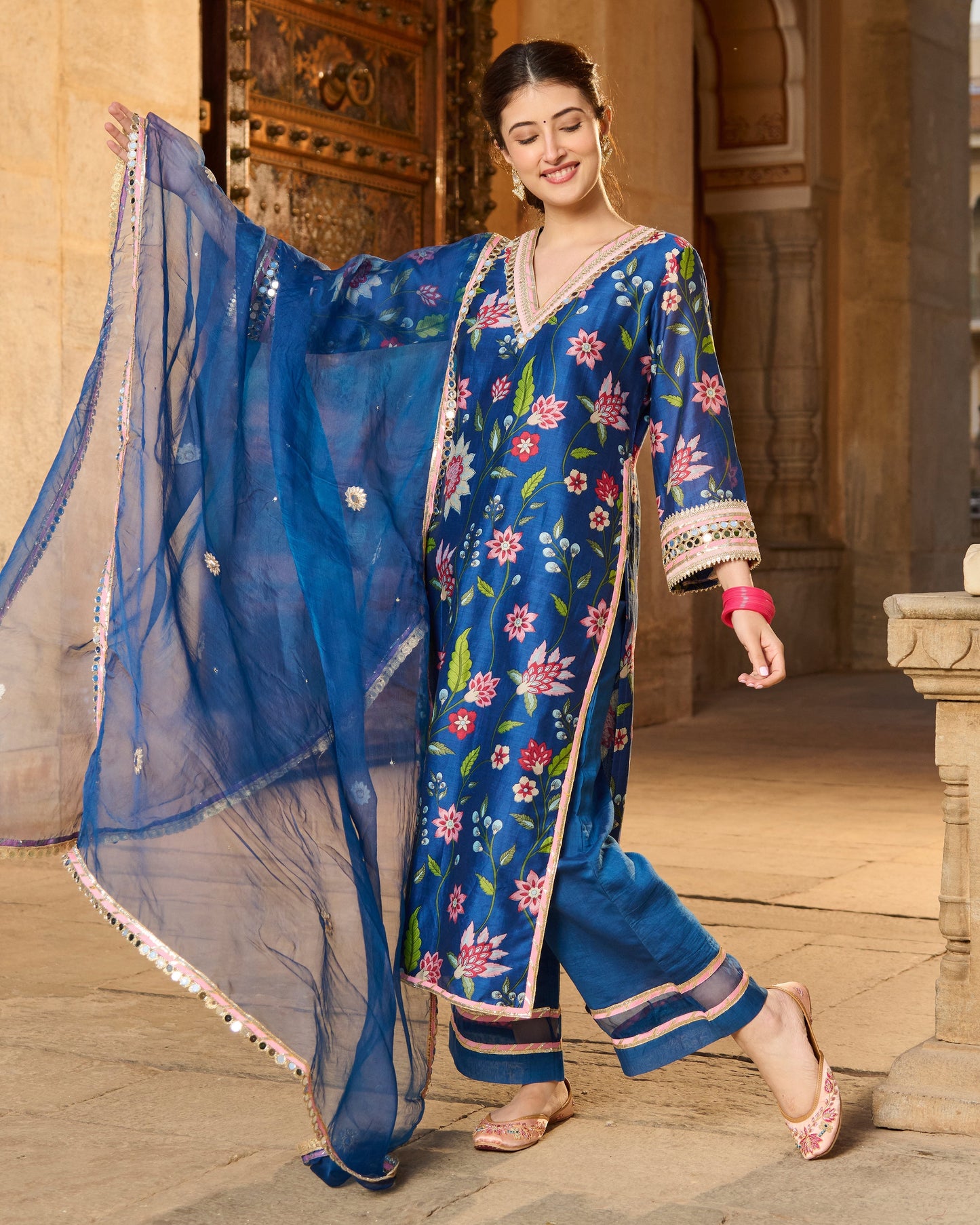 Beat Blue Printed Chanderi Suit Set
