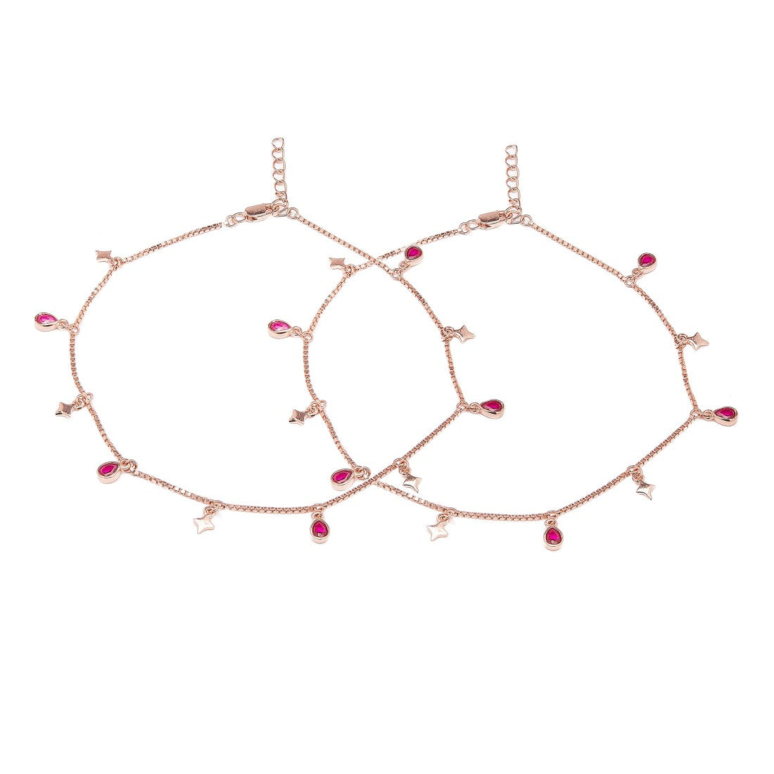Pair of women's rose gold plated 925 Sterling Silver anklets with star and pink CZ charms – Zavya