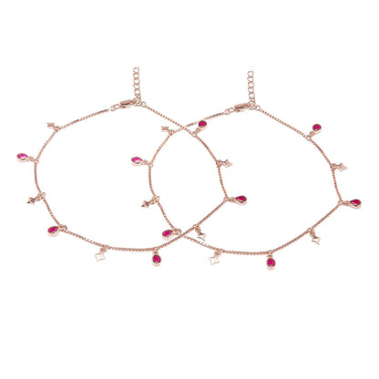 Pair of women's rose gold plated 925 Sterling Silver anklets with star and pink CZ charms – Zavya