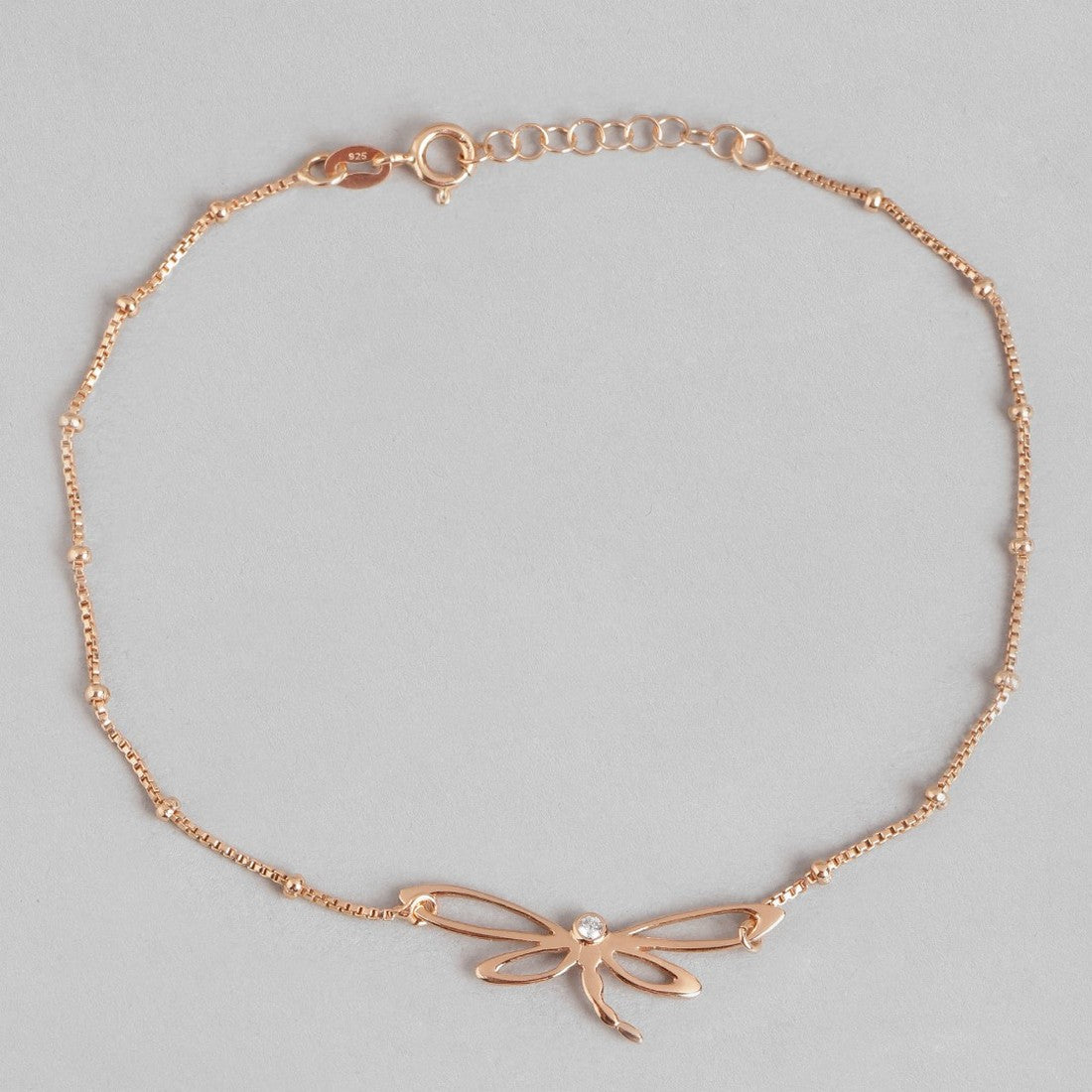 Dragonfly Rose Gold Plated 925 Sterling Silver Chain Anklet with Beads