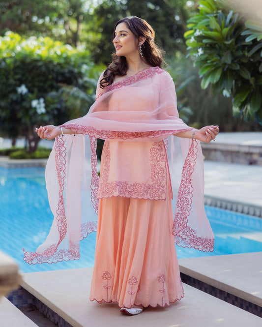 Lotus Charm Peach Embroidered Cotton Sharara Set