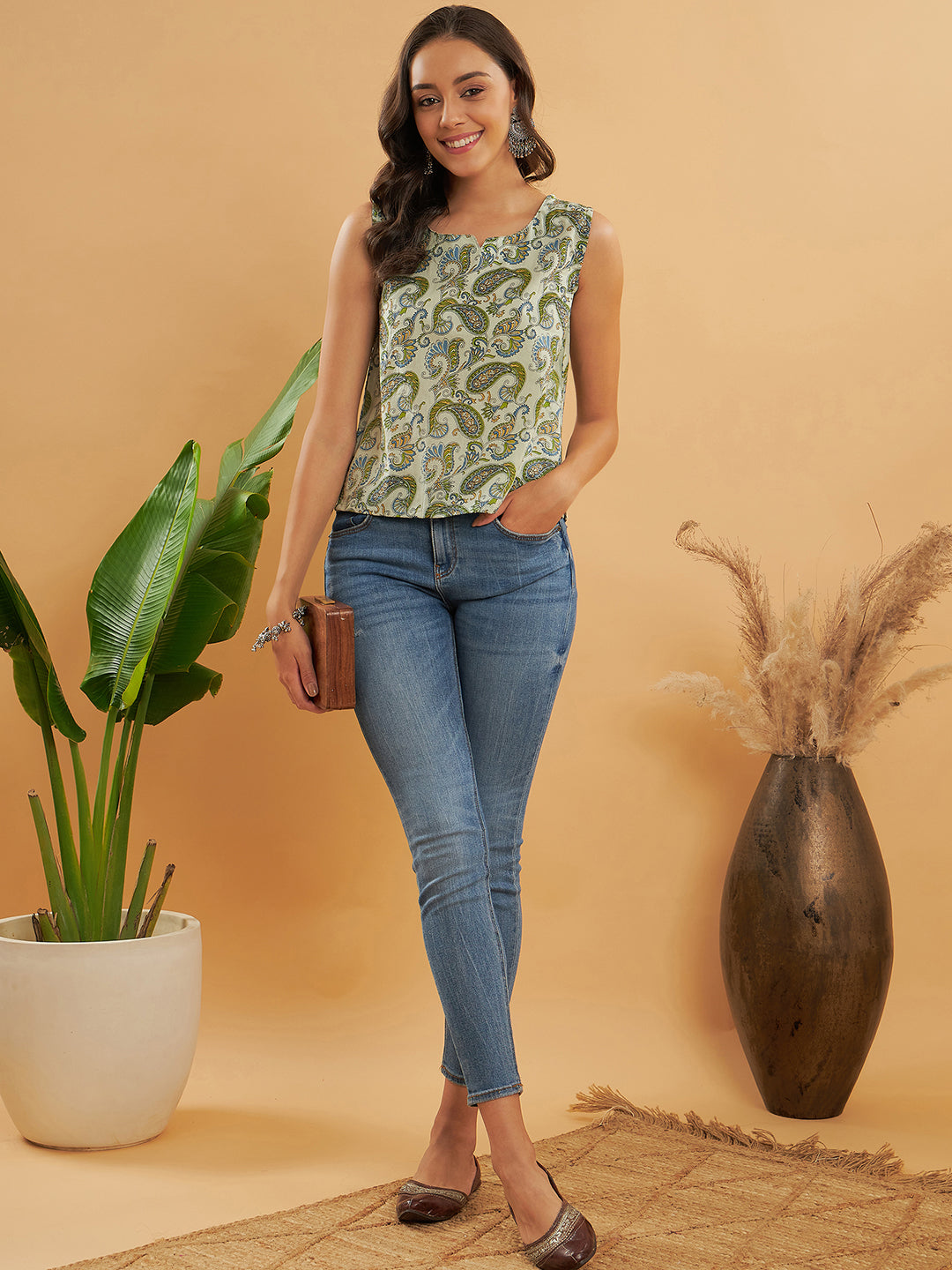 Sage Green Paisley Print Sleeveless Top