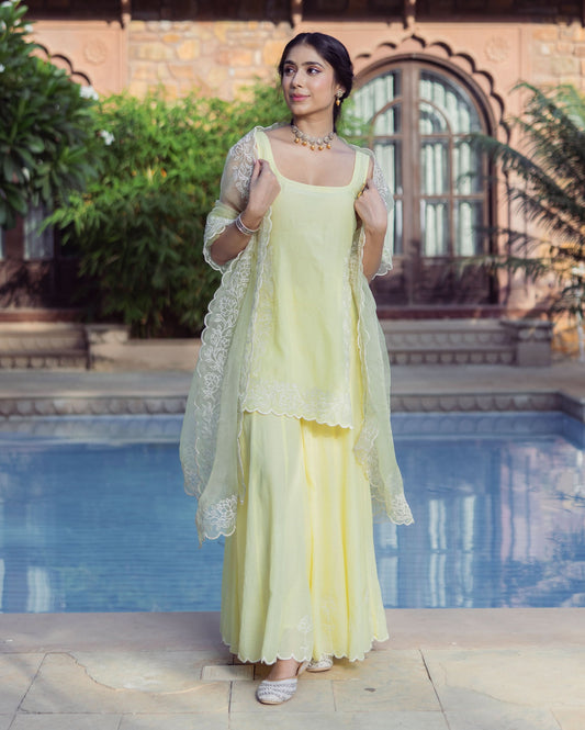 Nazakat Yellow Embroidered Cotton Sharara Set
