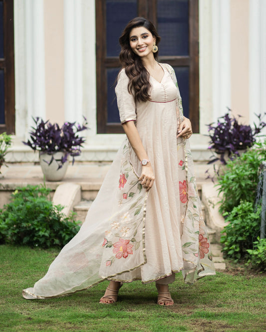 Kamini Beige Handpainted Chanderi Suit Set