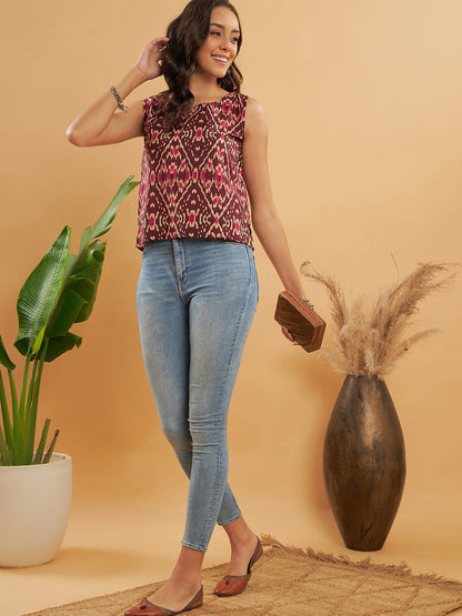 Wine Ikkat Print Sleeveless Top