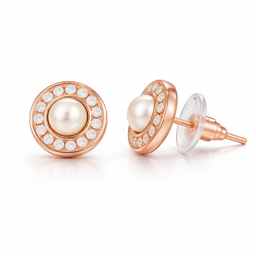 Rose Gold Pearl Round Stud Earrings