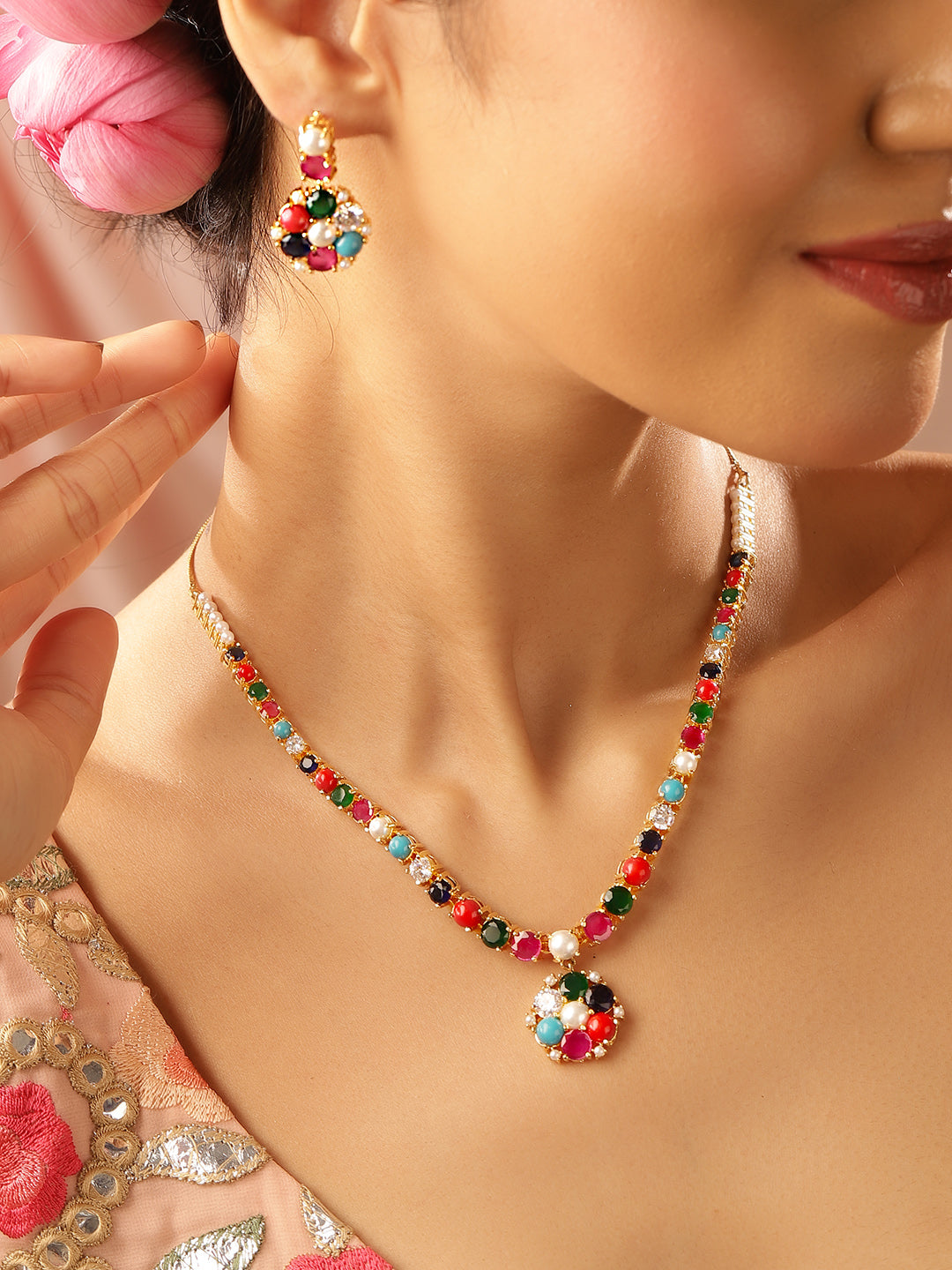 Navaratna Styled Gold Plated Floral Pattern Necklace and Drop Earrings Jewellery Set