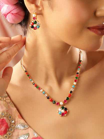 Navaratna Styled Gold Plated Floral Pattern Necklace and Drop Earrings Jewellery Set