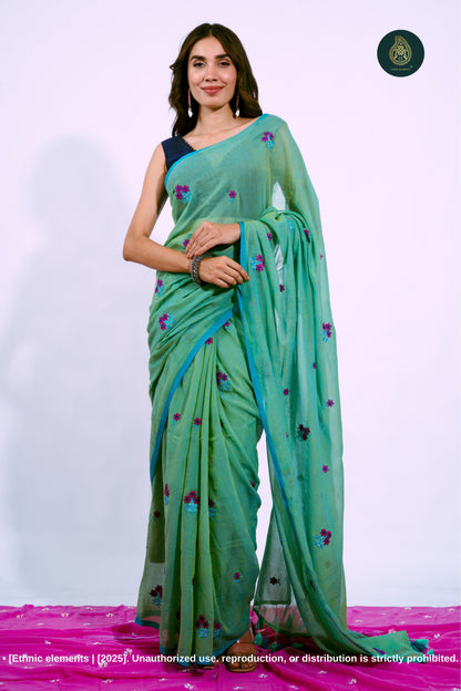 Gulzar - Mul Mul Cotton Solid Saree - Teal Mist