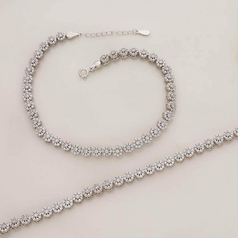 Flower Stoned Silver Anklet For Adult