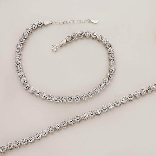 Flower Stoned Silver Anklet For Adult