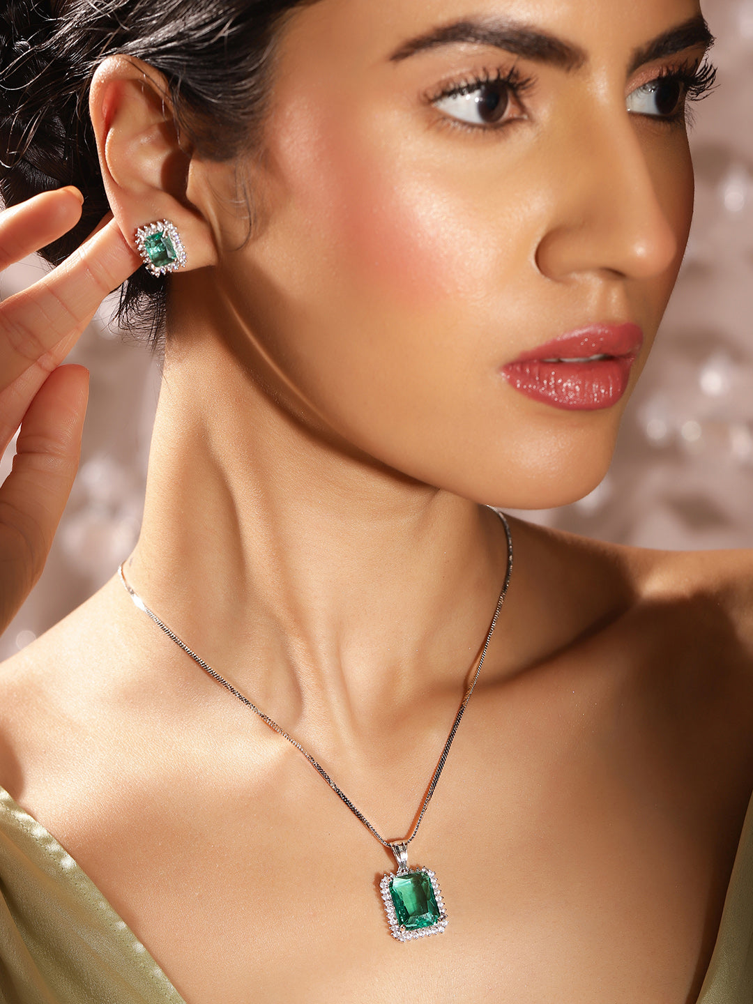 Mint Stoned Goemetric Elegance American Diamond Pendant Stud Earrings Jewellery Set