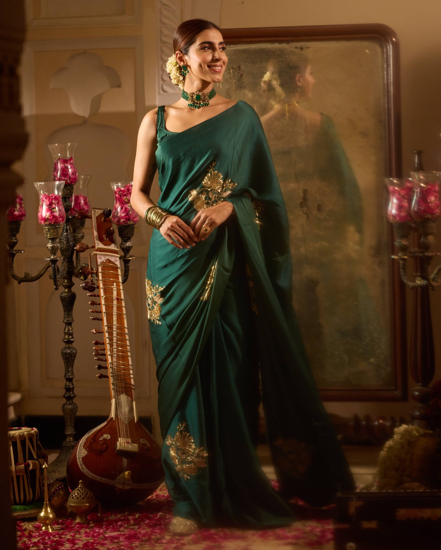 Yaadgaar Green Handcrafted Satin Saree