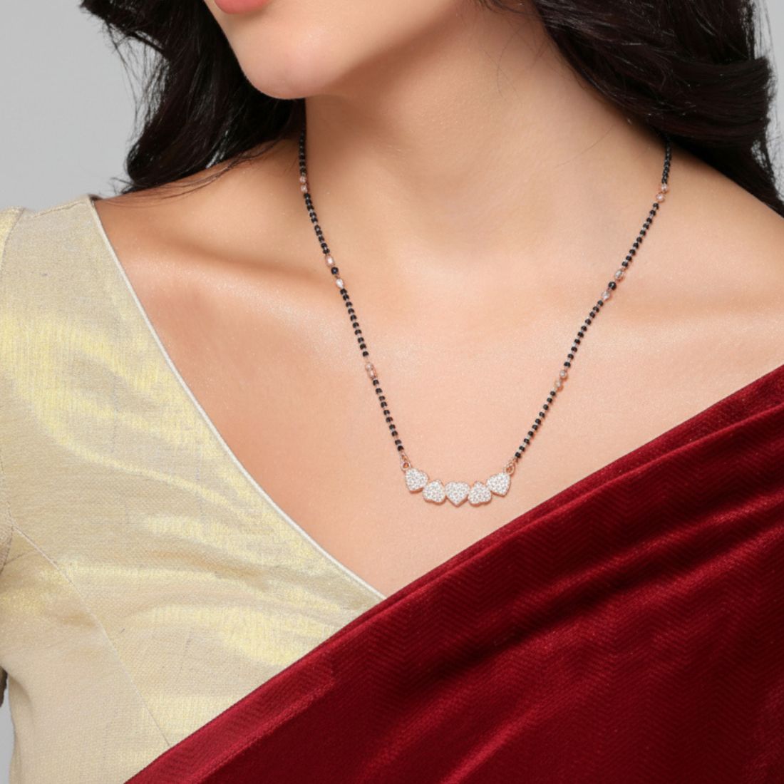 Rose Gold Heart Mangalsutra With Black Bead Chain