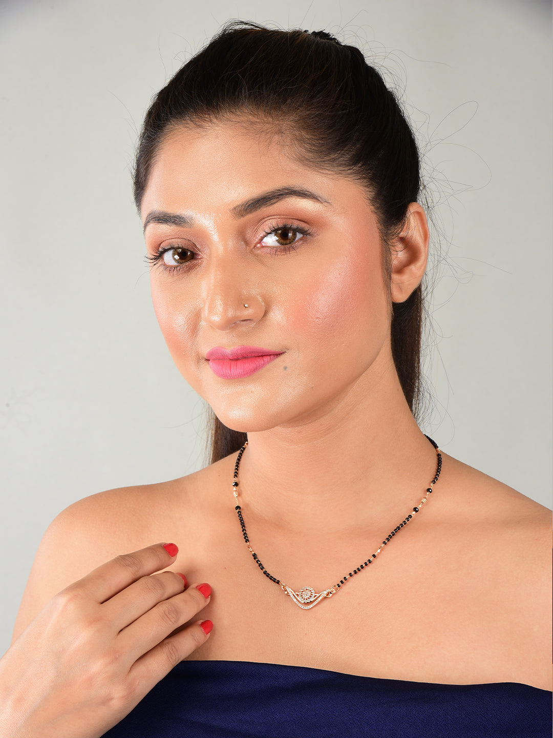 Rose Gold Plated Floral Mangalsutra With  Black Beads For Women