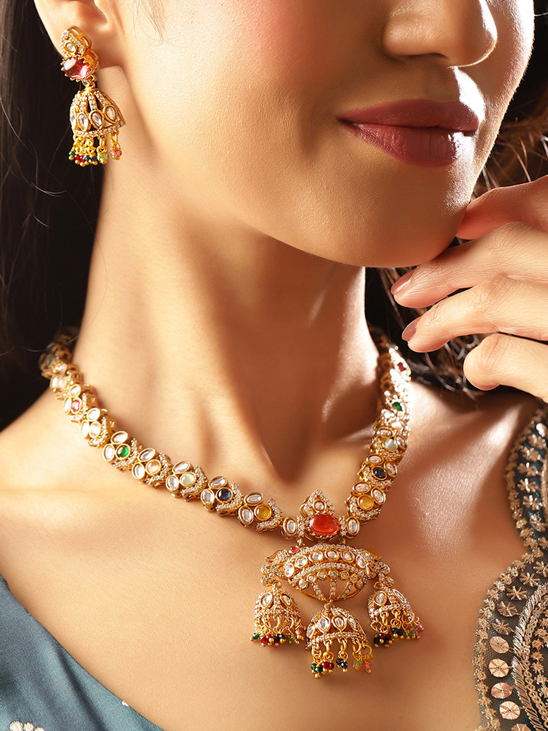 American Diamond Multicolor Statement Gold Plated Necklace and Jhumkis Jewellery Set