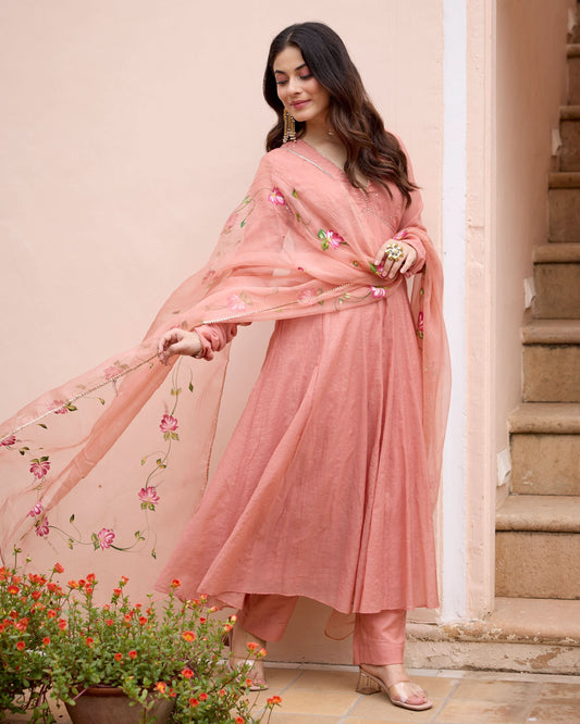 Kunda Peach Handpainted Chanderi Suit Set
