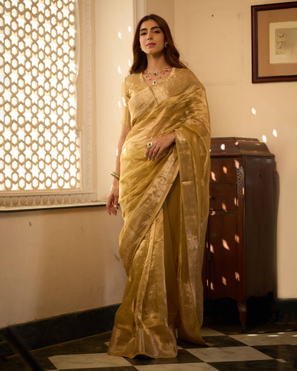 Vibha Golden Solid Pure Tissue Saree
