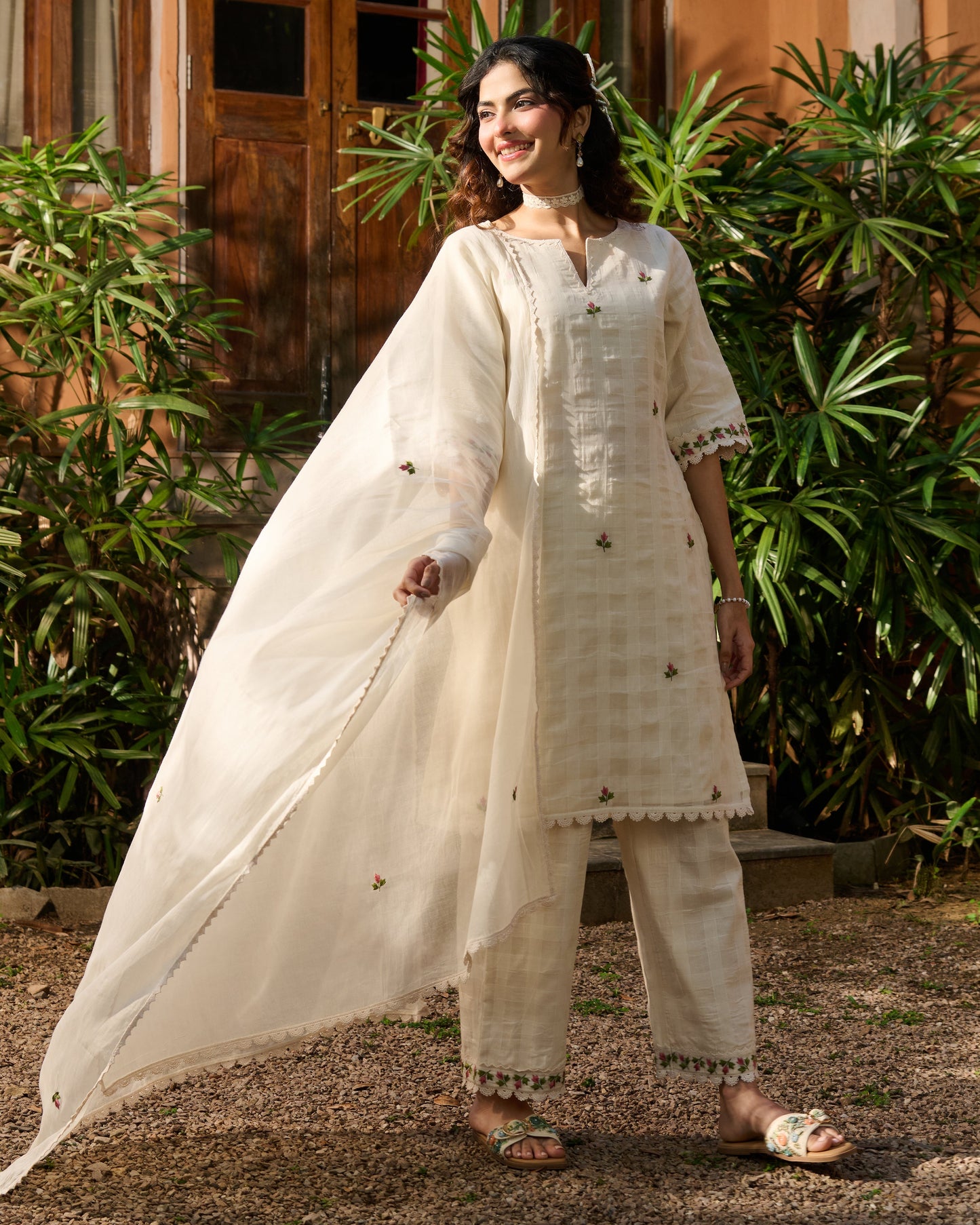 Vayu Off White Embroidered Cotton Checks Suit Set