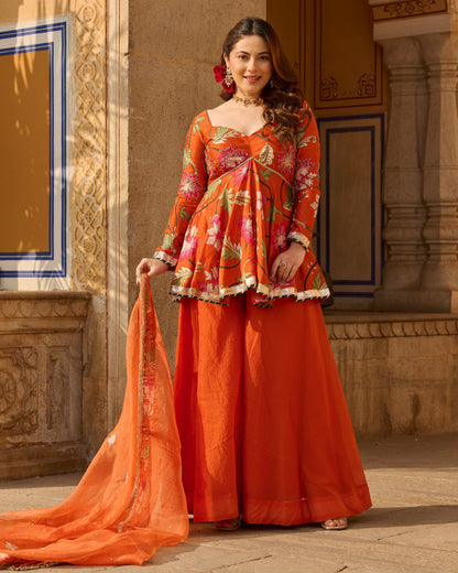 Mehar Orange Printed Chanderi Suit Set