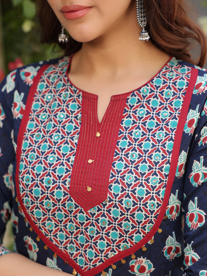 Women Navy Blue Ethnic Printed Straight Kurta with Contrast Print Yoke