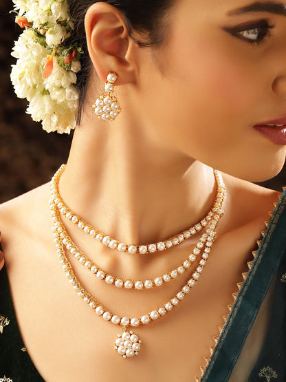 Floral Pattern Pearl Studded Three Layered necklace and Drop Earrings Jewellery Set