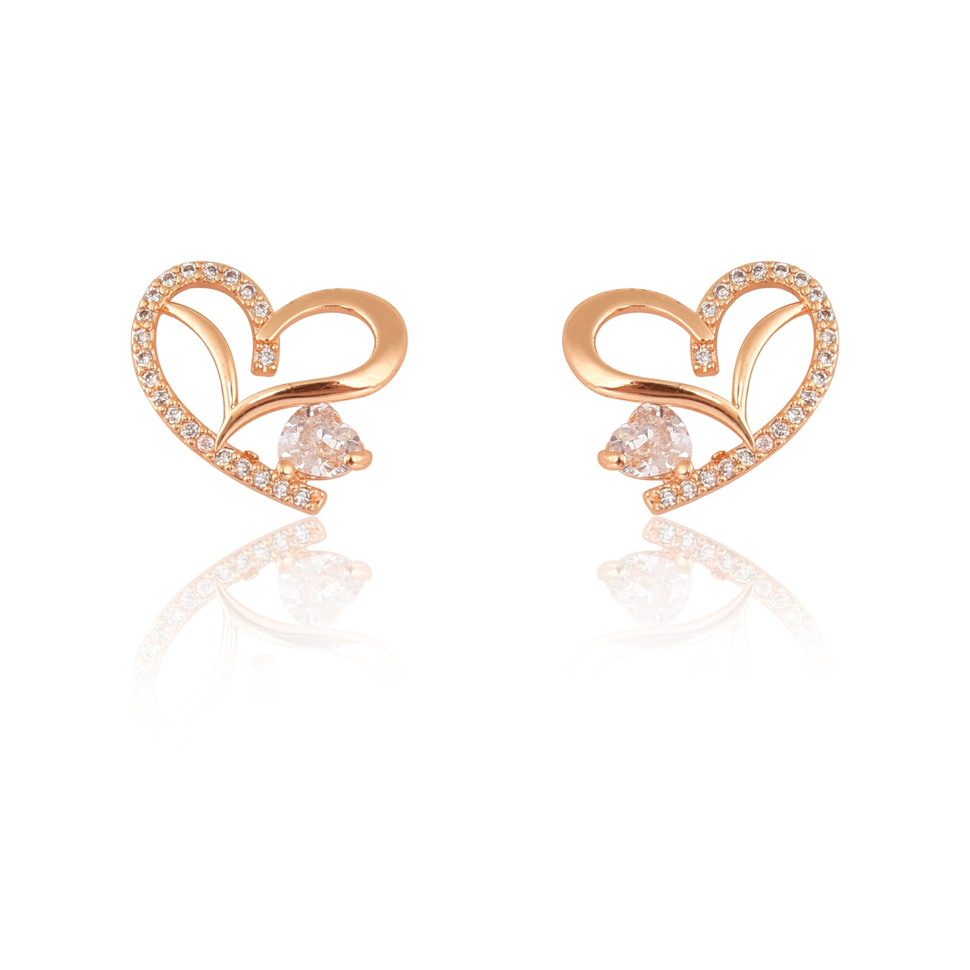 American Diamond Rose Gold Plated Love Shaped Pendant Necklace Set with Chain & Stud Earring for Girls and Women