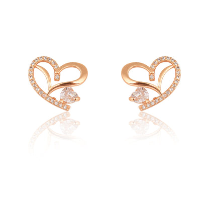 American Diamond Rose Gold Plated Love Shaped Pendant Necklace Set with Chain & Stud Earring for Girls and Women