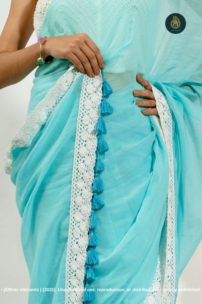 Summer Breeze: Blue Mul Cotton Saree With Crochet Border