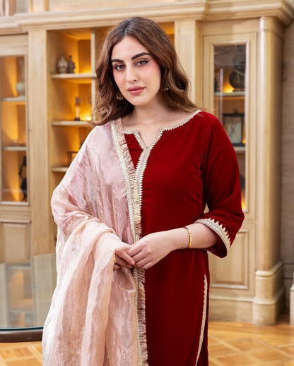 Raha Red Solid Velvet Suit Set