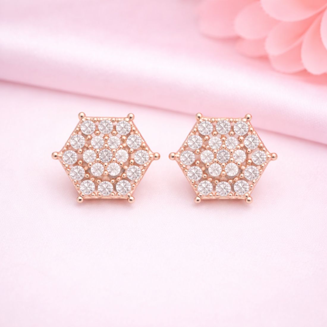 Rose Gold Hexagon Stud Earrings For Women And Girls