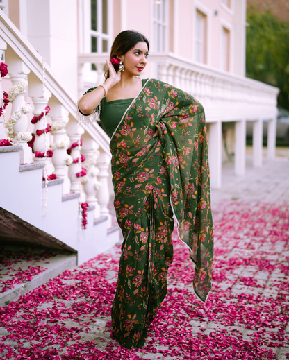 Kusum Green Printed Georgette Pre-draped Saree