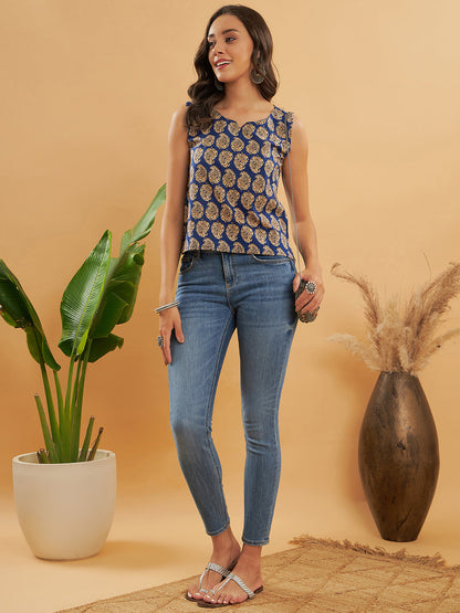 Ink Blue Small Paisley Kalamkari Sleeveless Top
