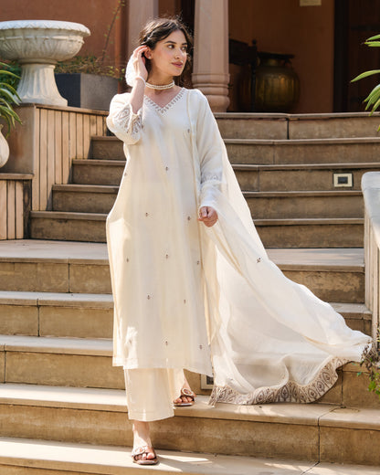 Sera Off White Embroidered Chanderi Suit Set