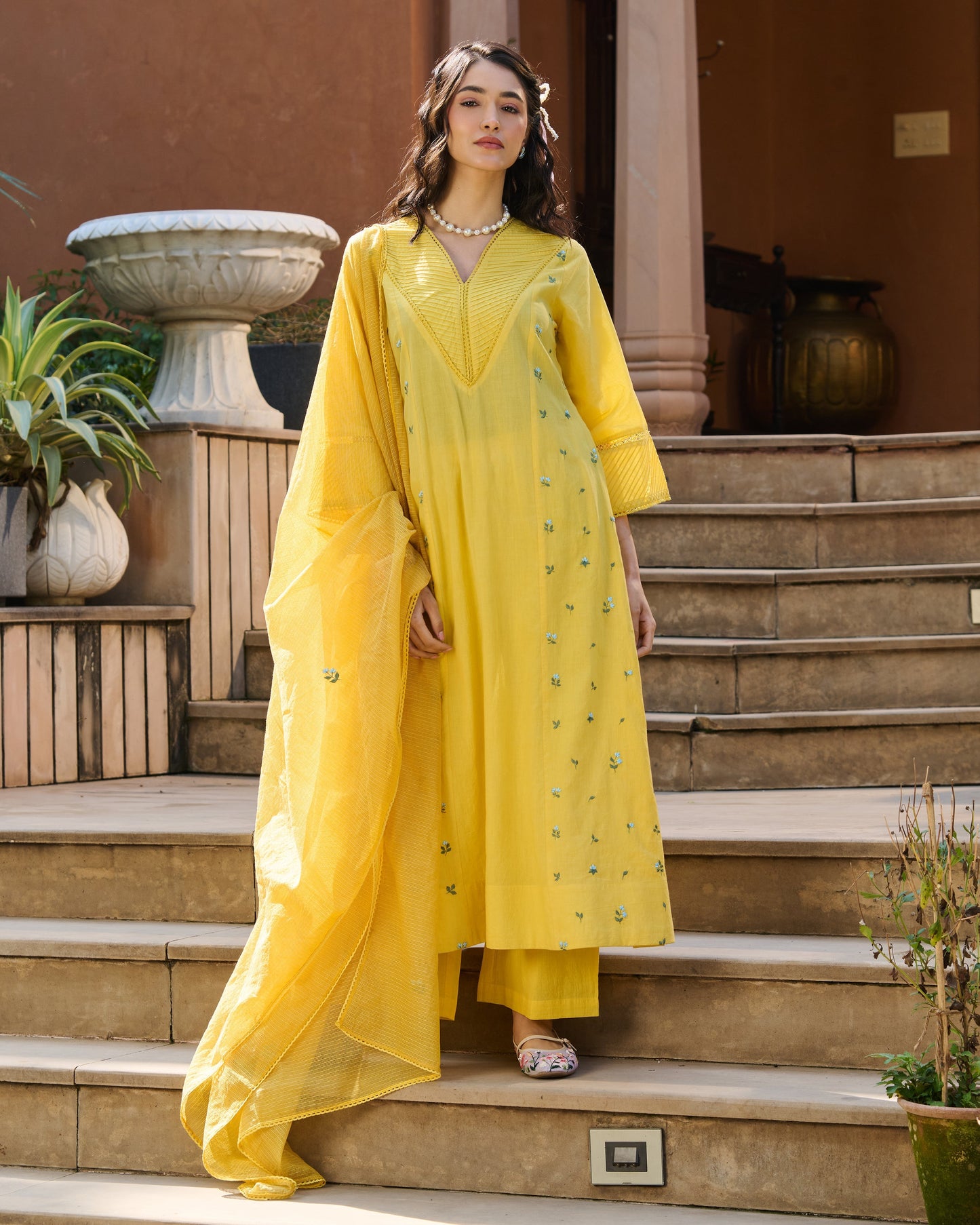Serein Yellow Embroidered Cotton Suit Set