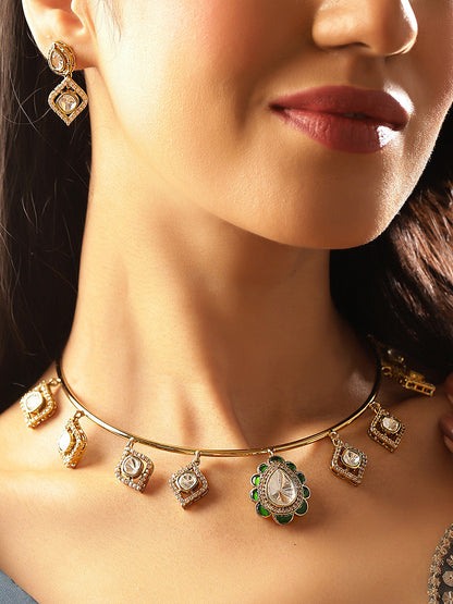 Floral Elegance Polki Style Gold Plated Choker Necklace Mini Drop Earrings Jewellery Set